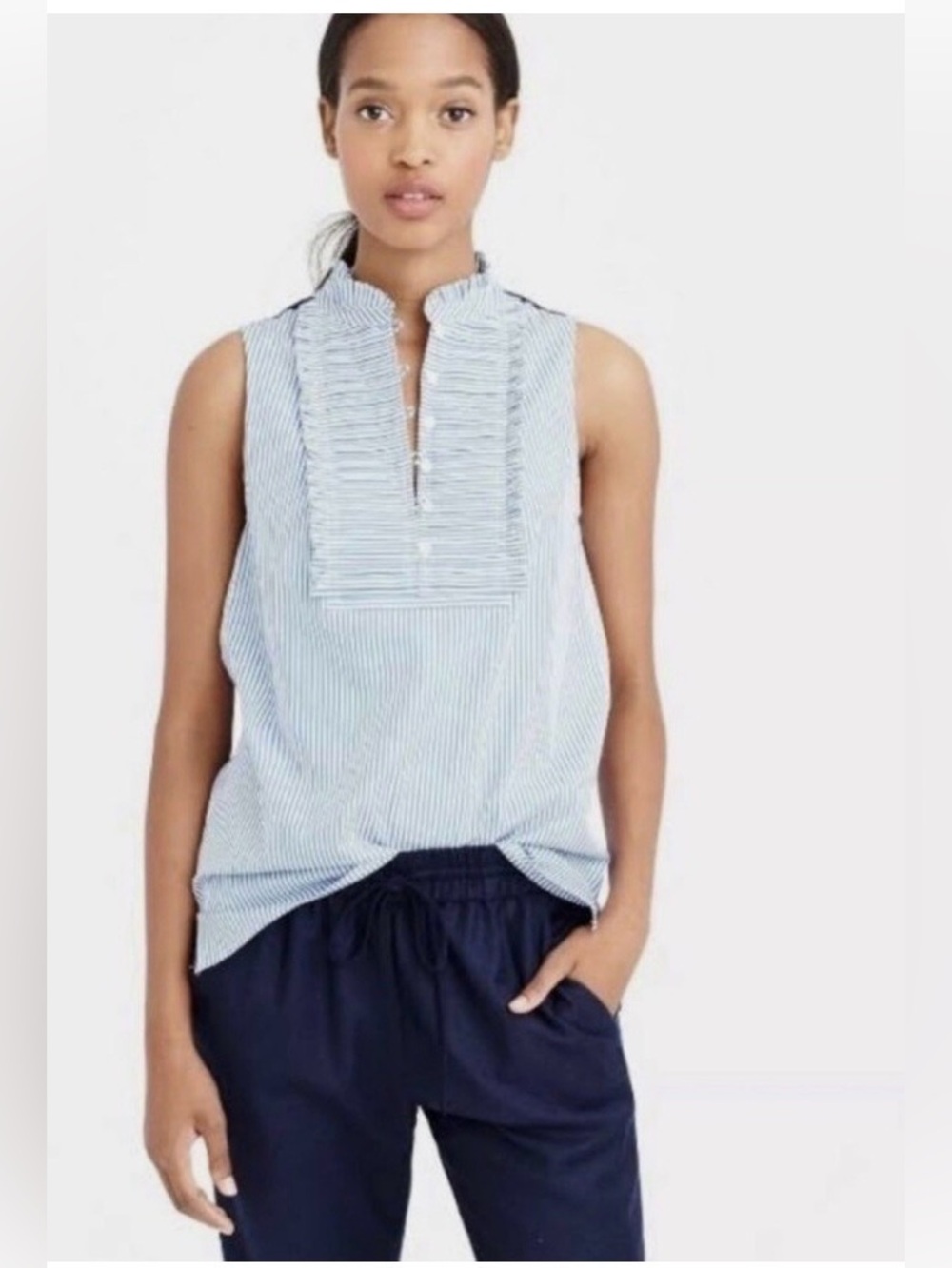 J. Crew Blue and White Striped Ruffle Bib Sleeveless Top 4